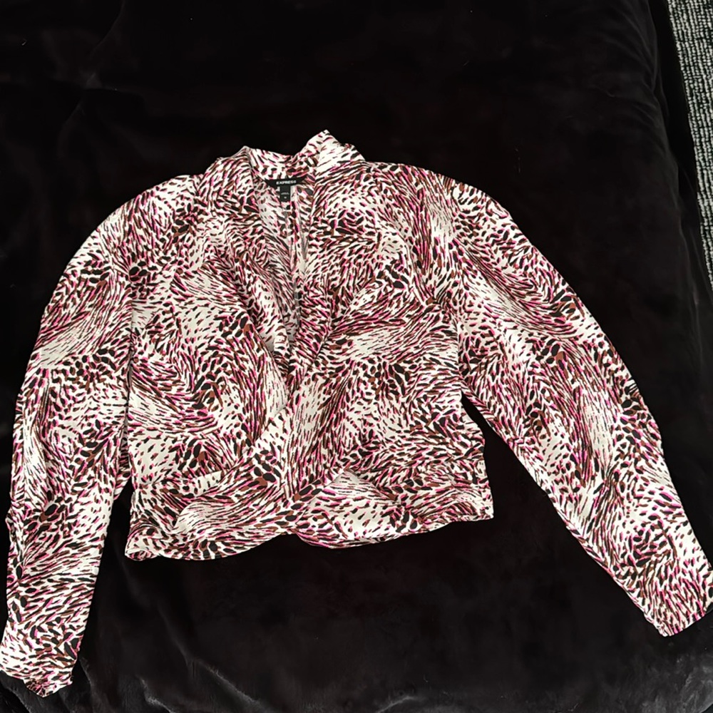 Express Pink and White Abstract Print Satin Blouse
